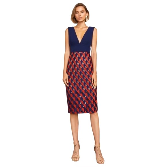 BCBG MaxAzria Rosalina Midi Dress Navy Red Geometric Size 4 NWT - Picture 2 of 9